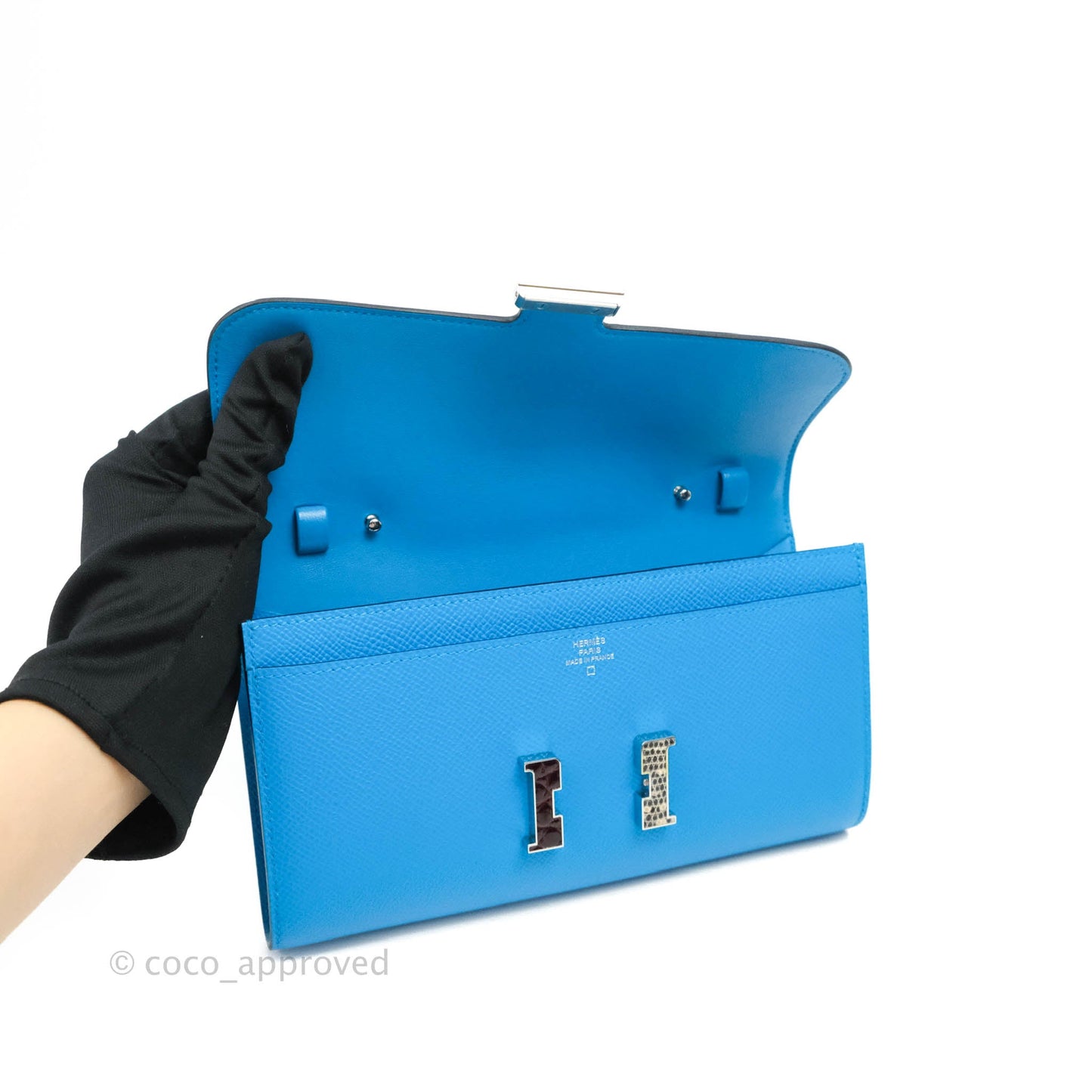 Hermès Constance Long To Go Wallet Alligator Leather Lock Blue Epsom Palladium Hardware