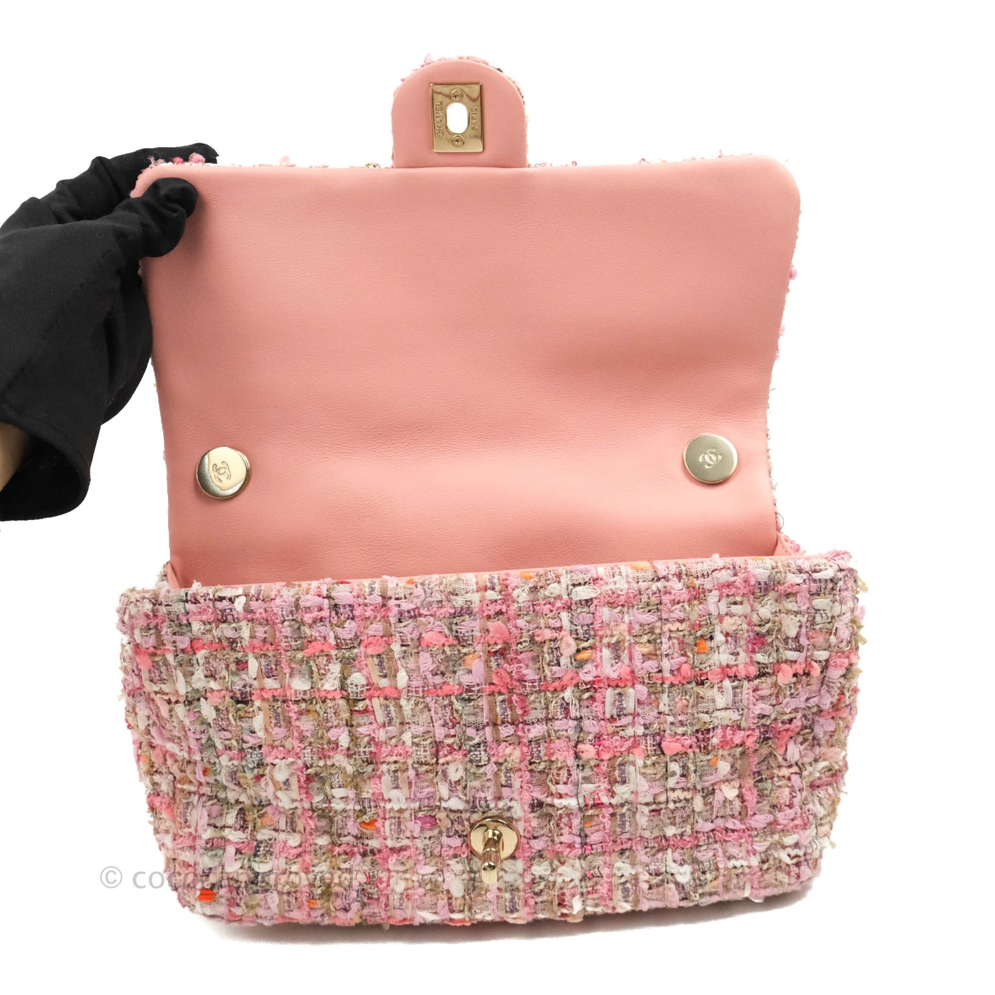 Chanel Medium Pink Tweed Flap Bag With Large Pearl Handle Gold Hardware