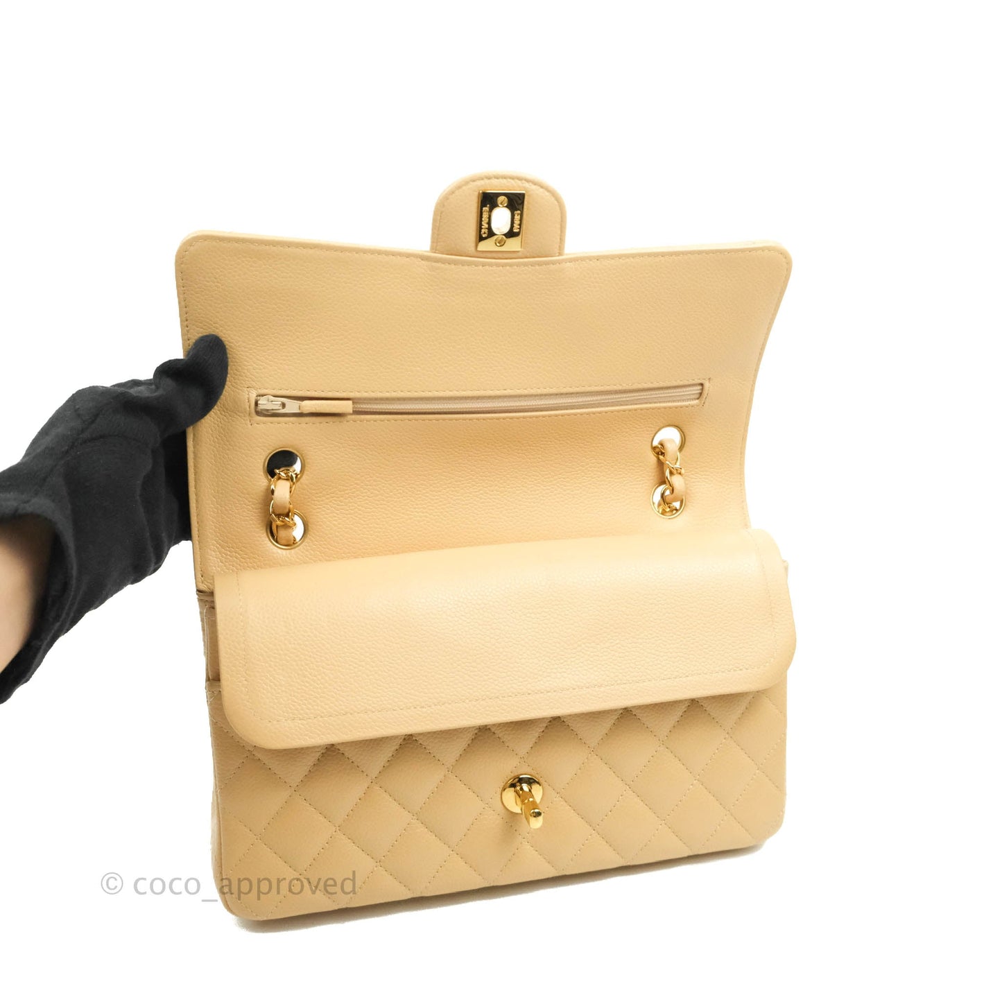 Chanel Quilted Classic M/L Medium Flap Beige Caviar Gold Hardware