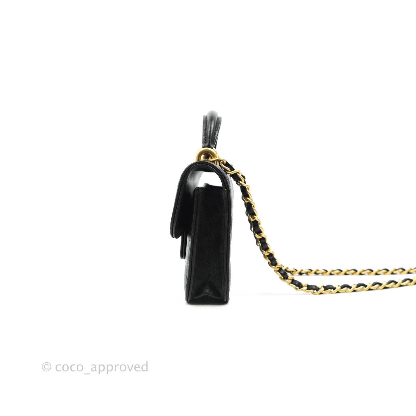 Chanel Mini Handle Flap Coin Purse With Chain Black Lambskin Gold Hardware