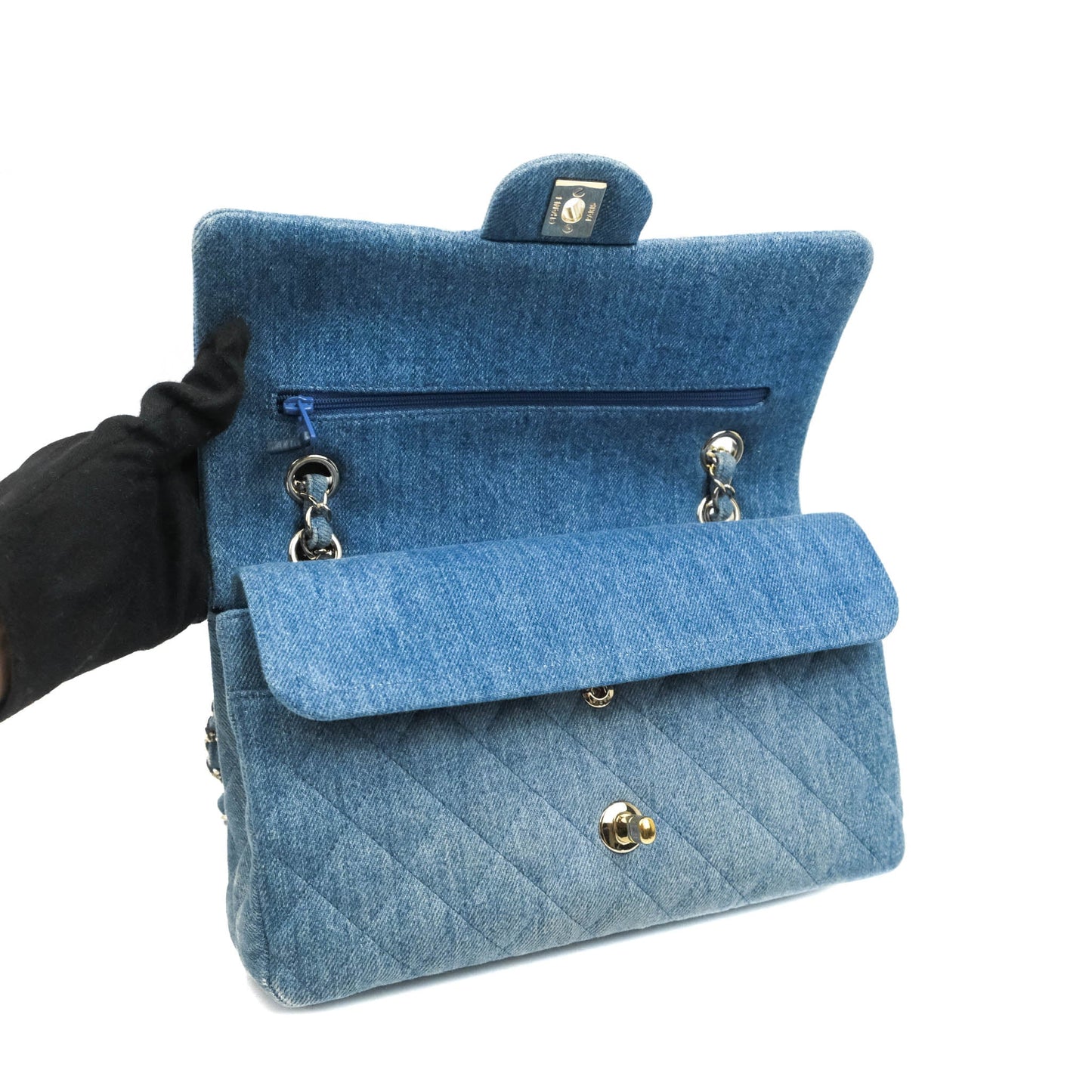 Chanel Classic M/L Medium Flap Quilted Washed Denim Gold Hardware