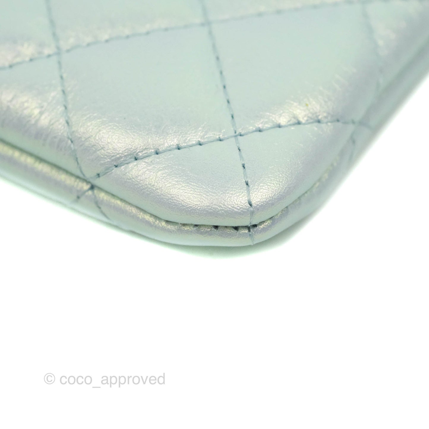 Chanel Mini Quilted O Case Iridescent Icy Blue Calfskin Silver Hardware