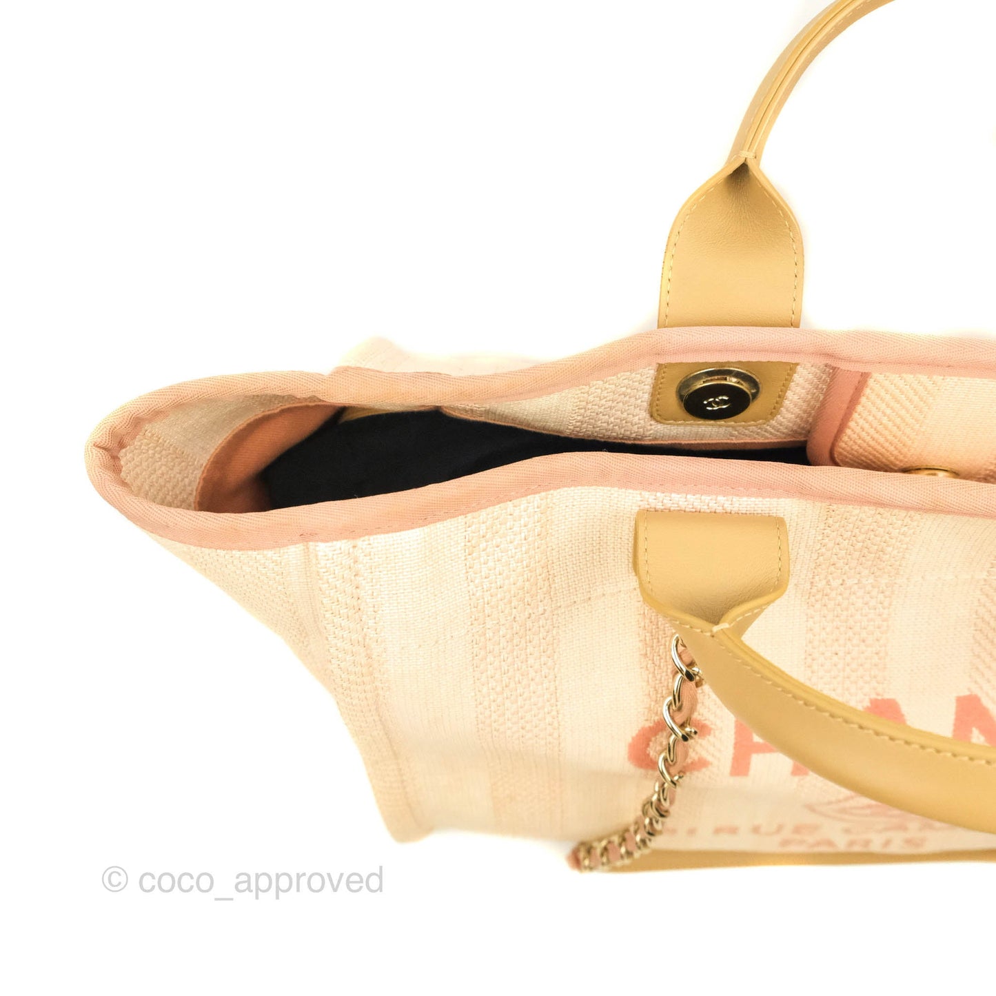Chanel Large Deauville Pink Stripe Canvas Beige Handle Gold Hardware