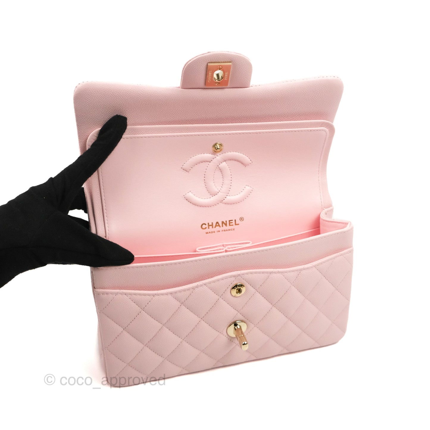 Chanel Small S/M Classic Quilted Flap Pink Caviar Gold Hardware 22S