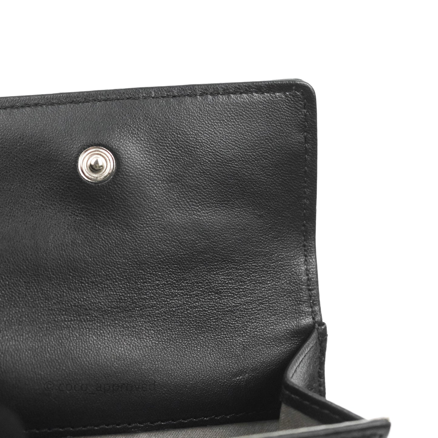 Chanel Camellia Embossed Tri-fold Short Wallet Black Lambskin Silver Hardware