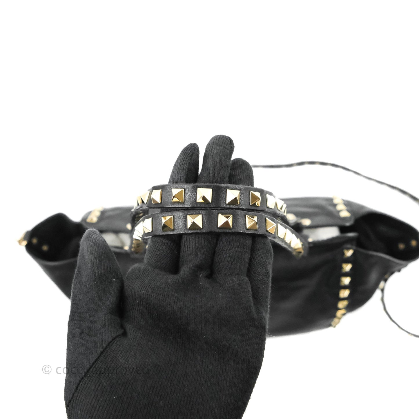 Valentino Garavani Small Trapeze Rockstud Black Grained Calfskin Gold Hardware