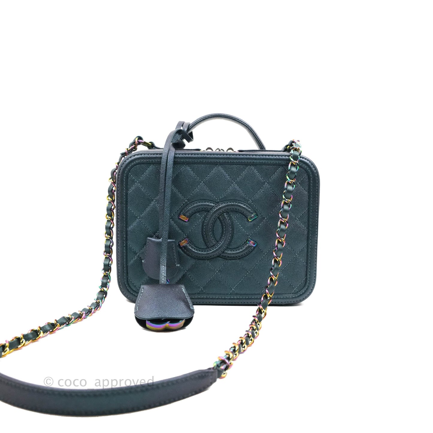 Chanel Quilted Medium CC Filigree Vanity Case Iridescent Dark Turquoise Caviar Rainbow Hardware