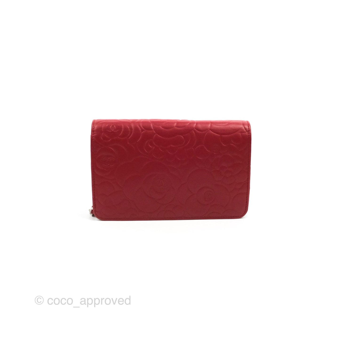 Chanel Camellia Embossed Wallet On Chain WOC Red Lambskin Silver Hardware