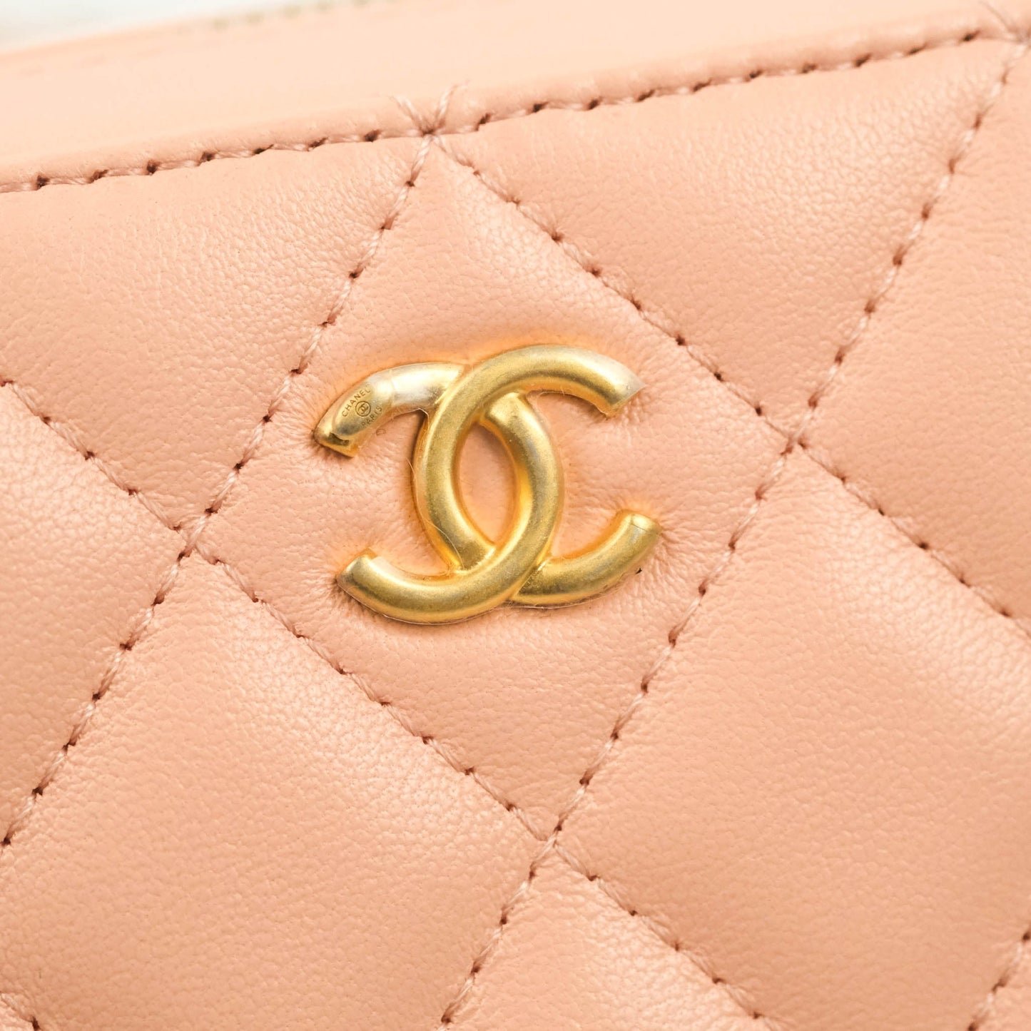 Chanel Mini Pearl Crush Quilted Camera Case Beige Pink Lambskin Aged Gold Hardware