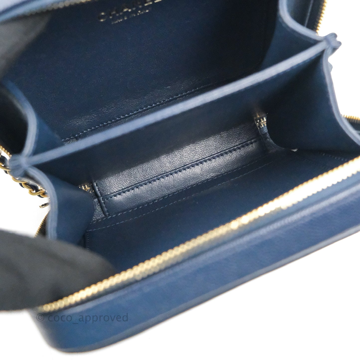 Chanel Quilted Small CC Filigree Vanity Case Navy Caviar Gold Hardware