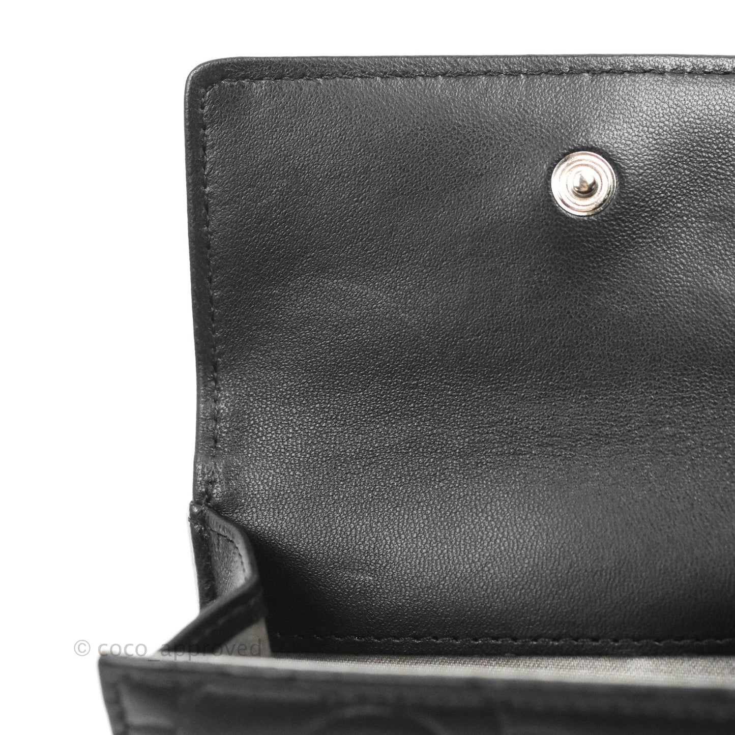 Chanel Camellia Embossed Tri-fold Short Wallet Black Lambskin Silver Hardware