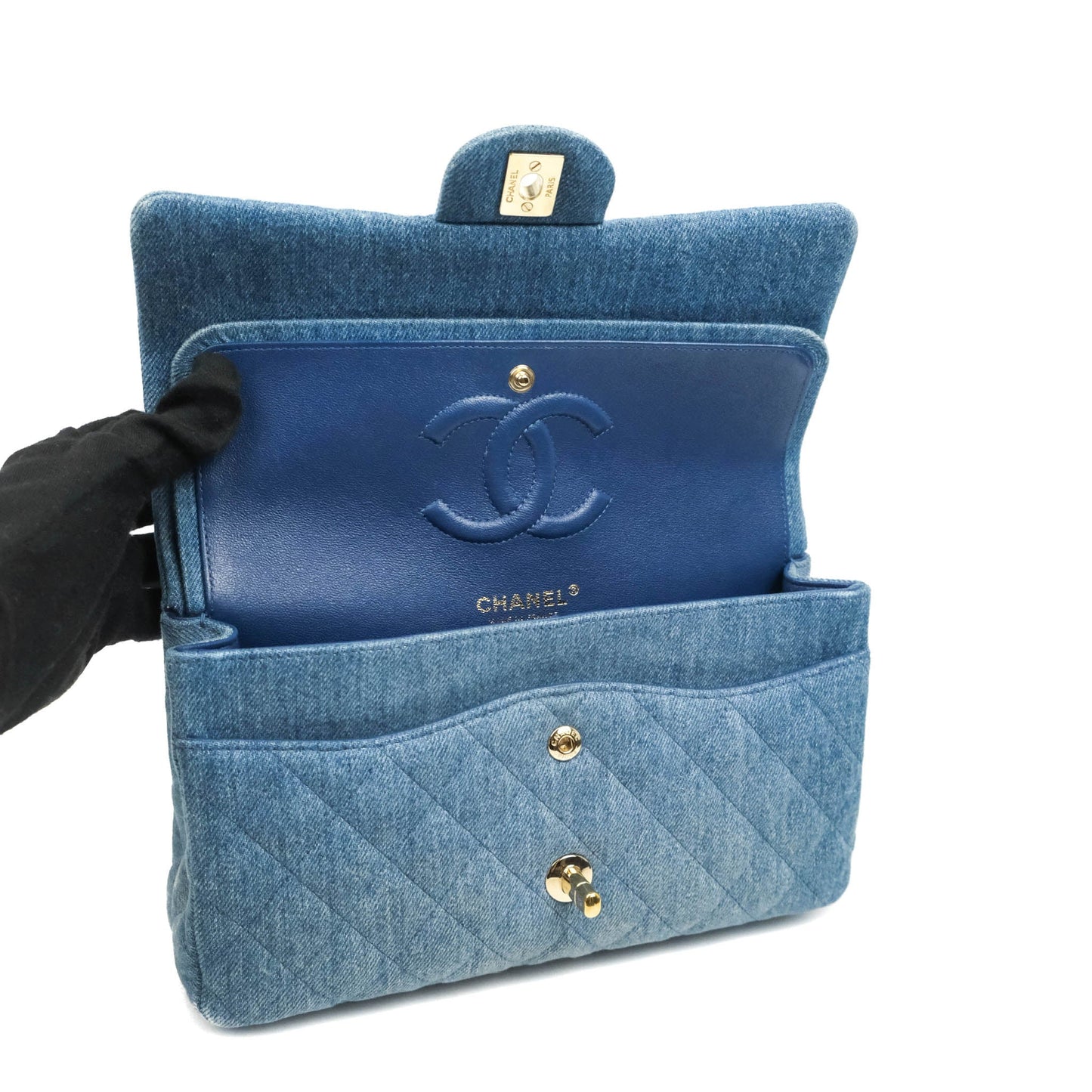 Chanel Classic M/L Medium Flap Quilted Washed Denim Gold Hardware