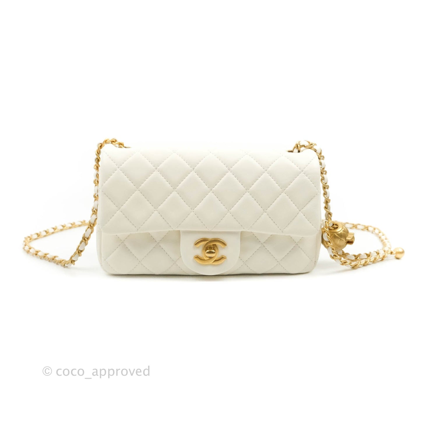 Chanel Mini Rectangular Pearl Crush Quilted White Lambskin Aged Gold Hardware