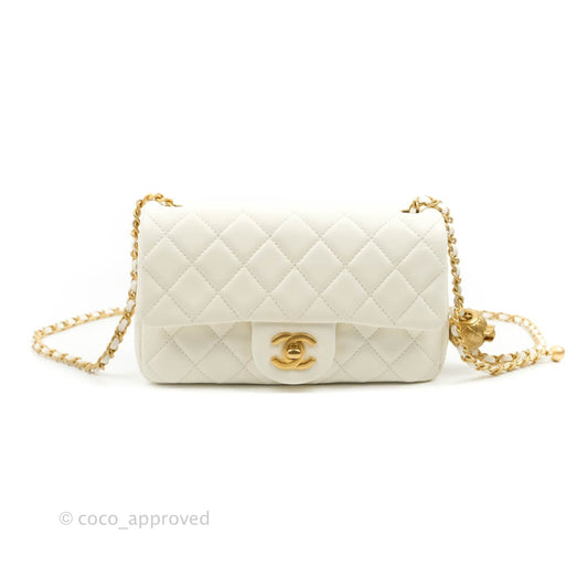 Chanel Mini Rectangular Pearl Crush Quilted White Lambskin Aged Gold Hardware
