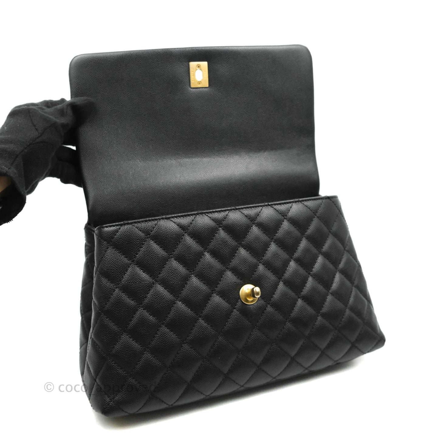 Chanel Medium Coco Handle Quilted Black Caviar Lizard Handle Gold Hardware