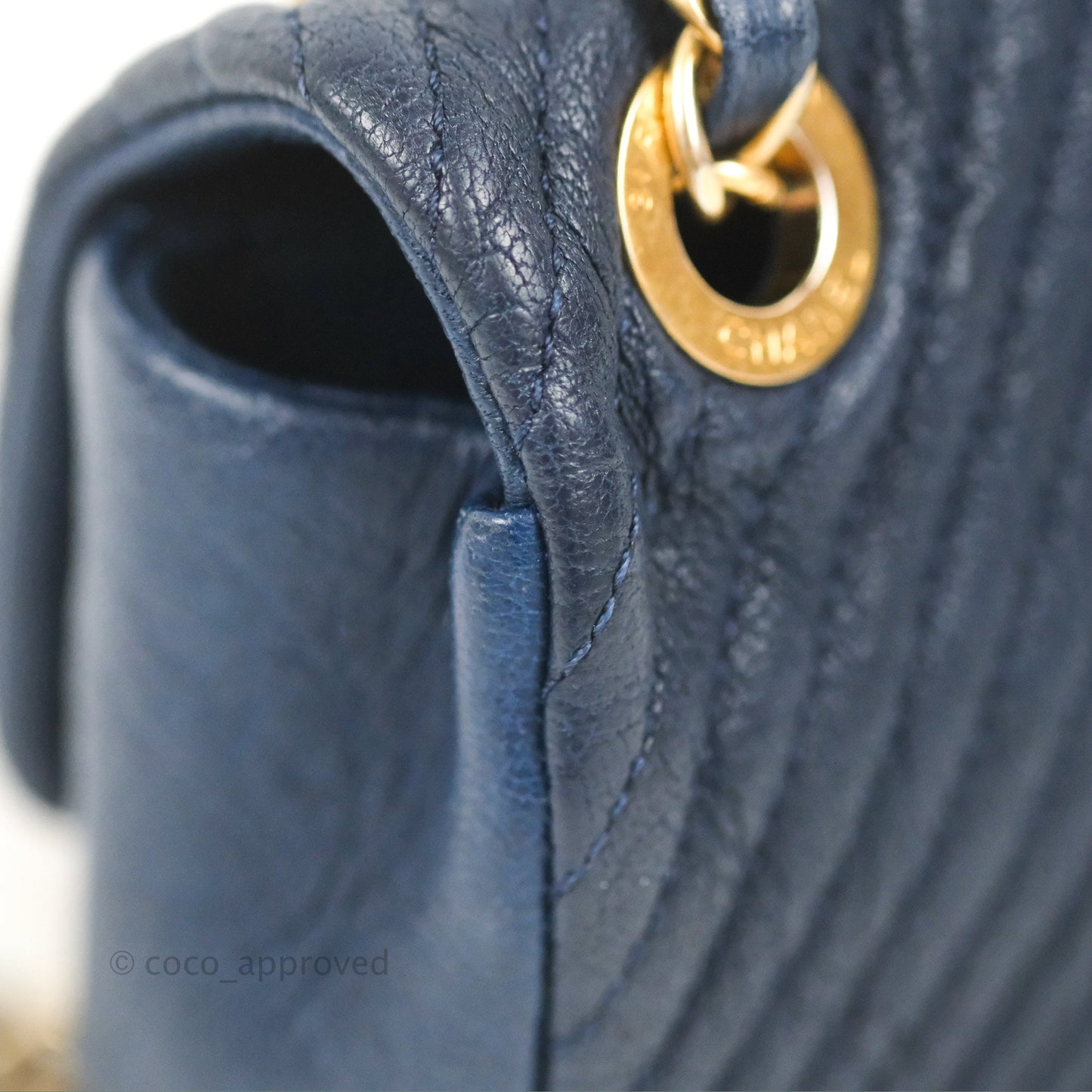 Chanel Small Chevron Surpique Flap Navy Calfskin Aged Gold Hardware