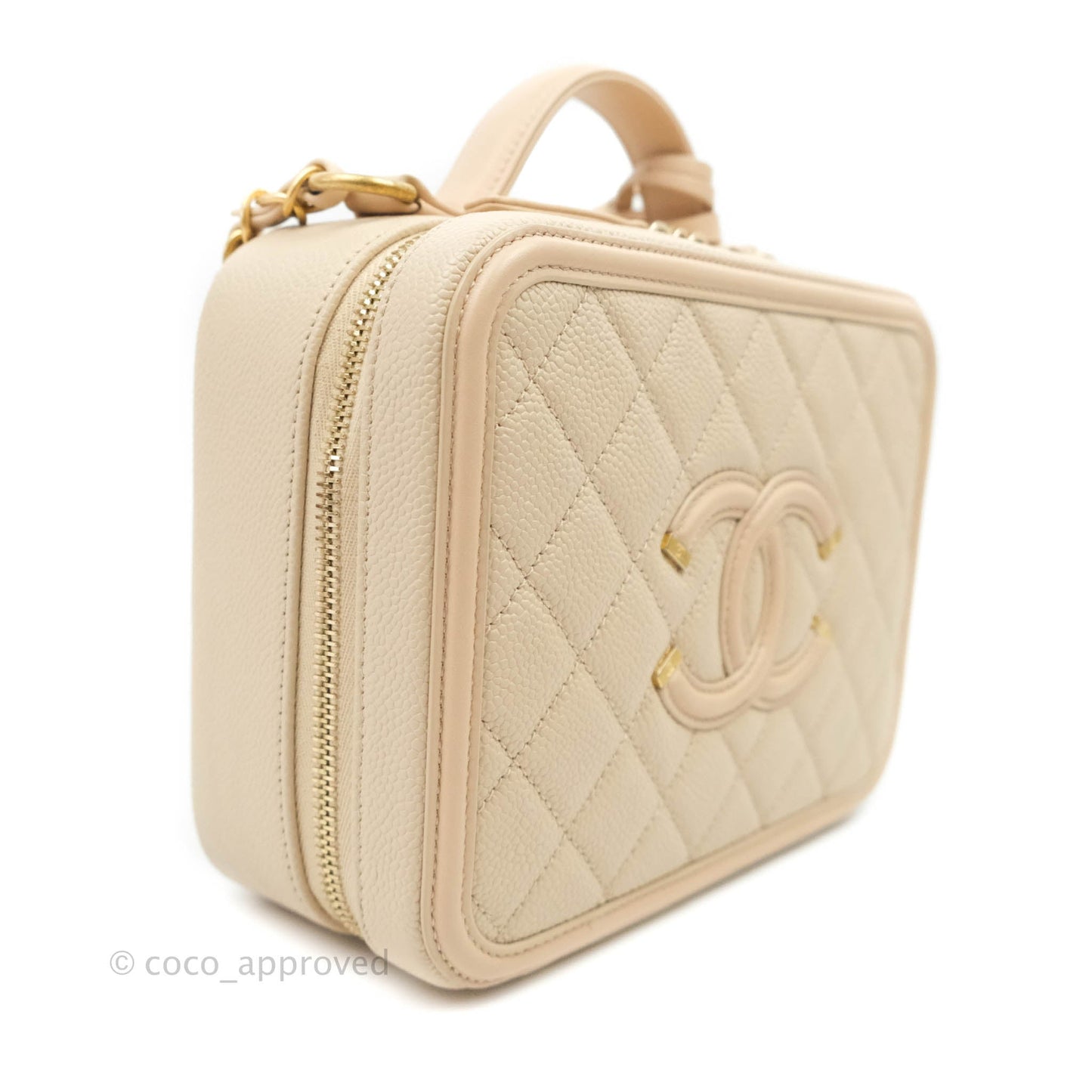 Chanel Quilted Medium CC Filigree Vanity Case Light Beige Caviar Aged Gold Hardware