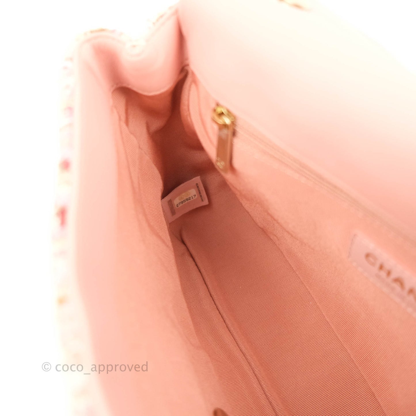 Chanel Medium Pink Tweed Flap Bag With Large Pearl Handle Gold Hardware