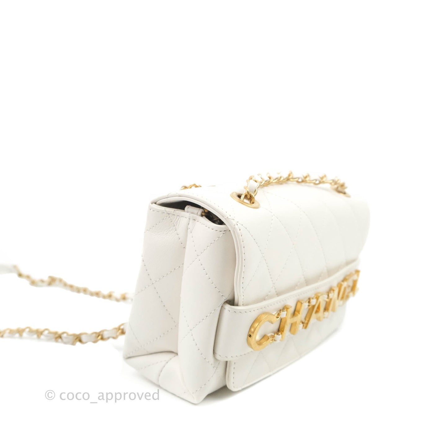 Chanel Small Logo Enchained Flap Bag White Calfskin Aged Gold Hardware 20S