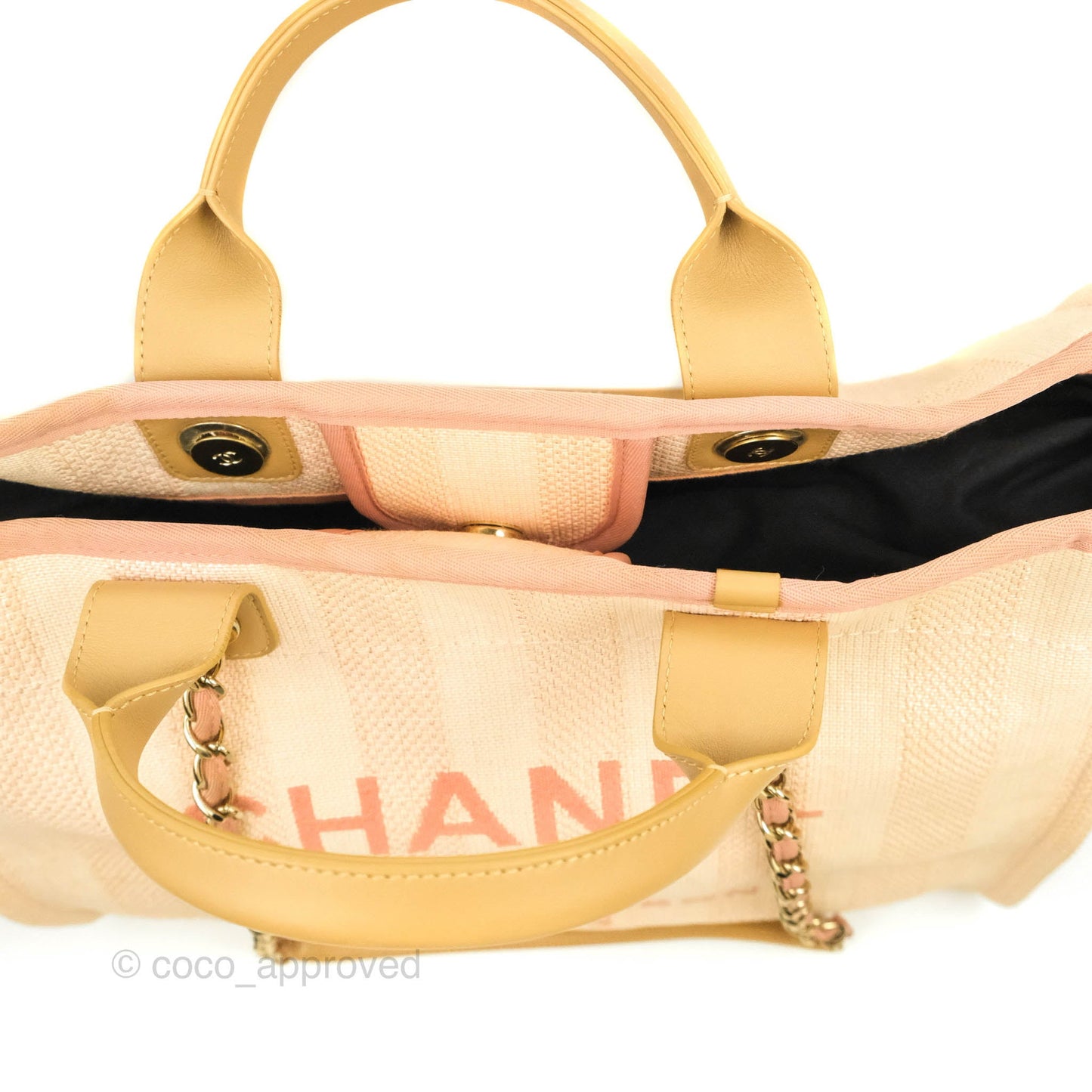 Chanel Large Deauville Pink Stripe Canvas Beige Handle Gold Hardware