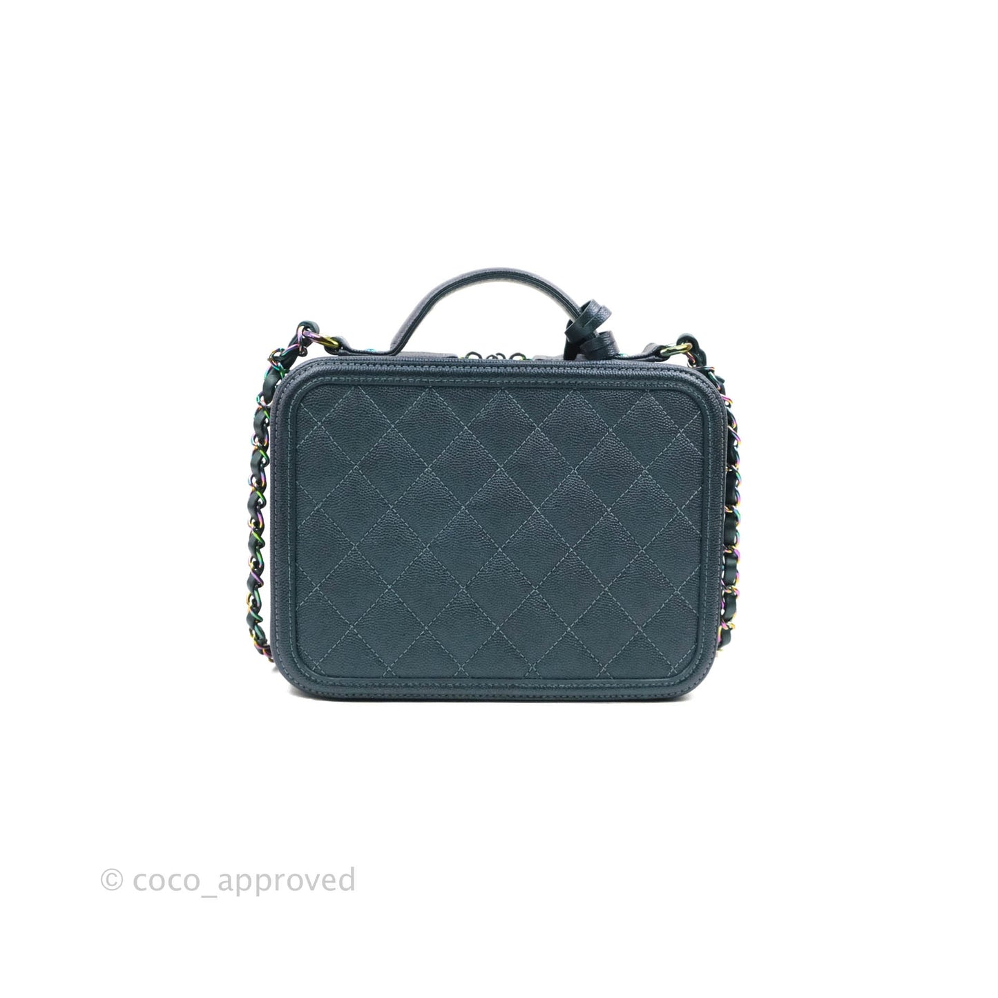 Chanel Quilted Medium CC Filigree Vanity Case Iridescent Dark Turquoise Caviar Rainbow Hardware