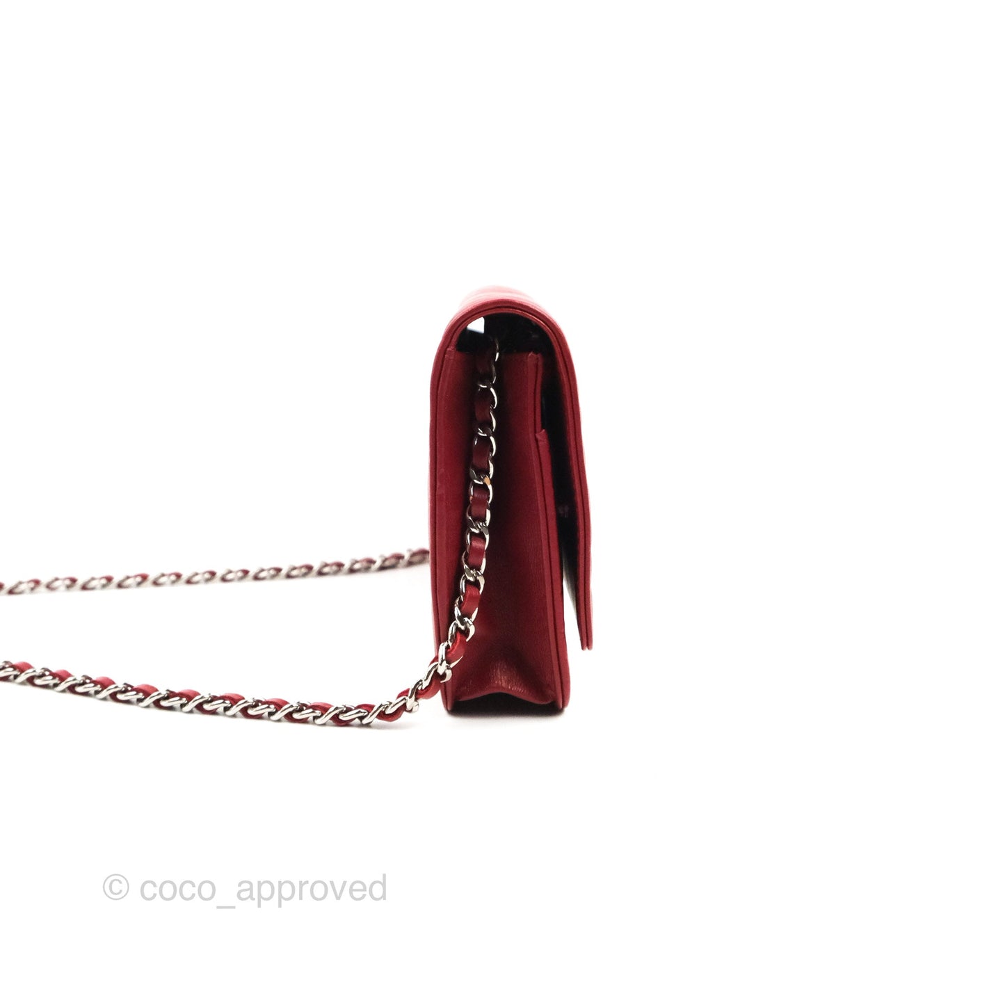 Chanel Camellia Embossed Wallet On Chain WOC Red Lambskin Silver Hardware
