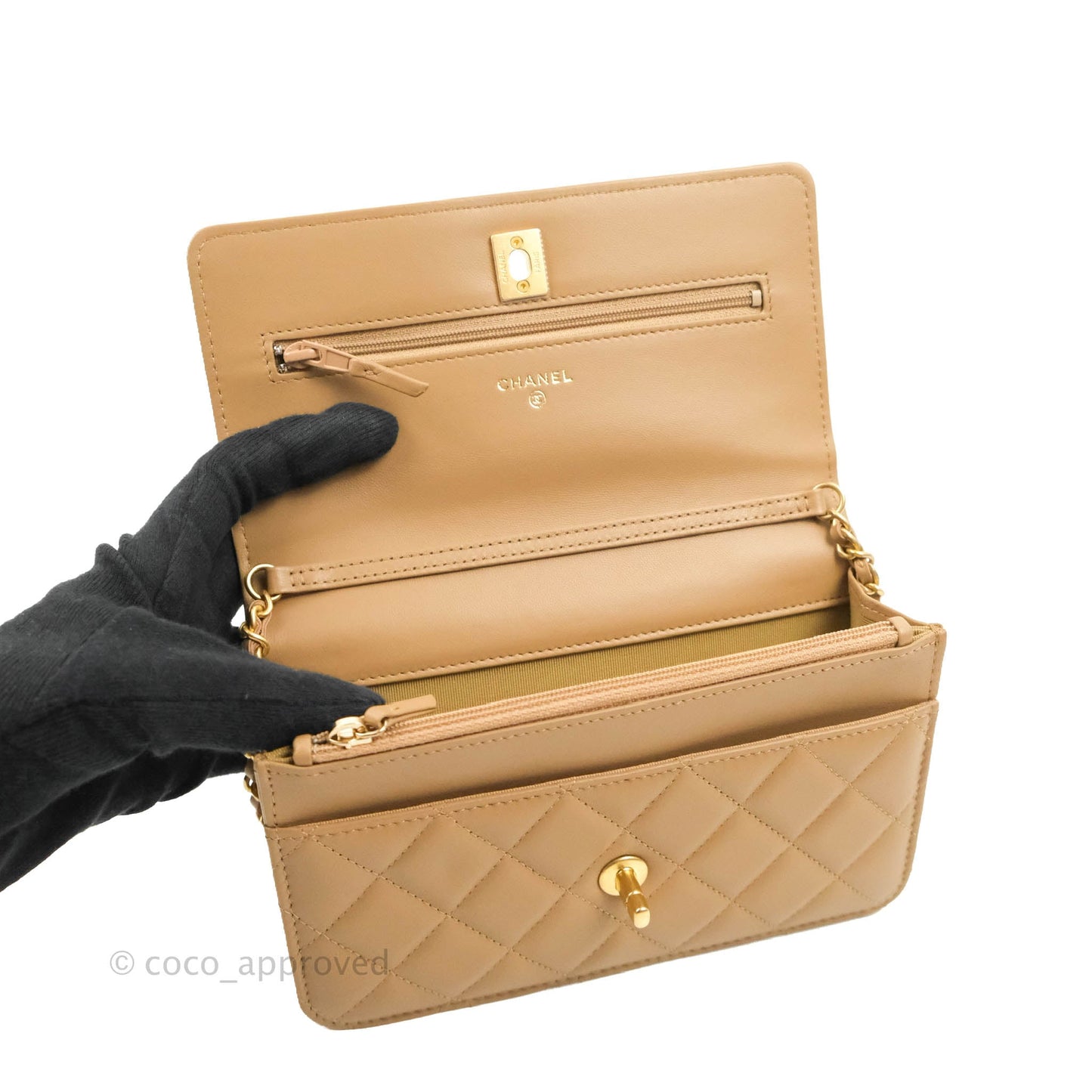 Chanel Quilted Pearl Crush Wallet on Chain WOC Beige Lambskin Aged Gold Hardware 22B