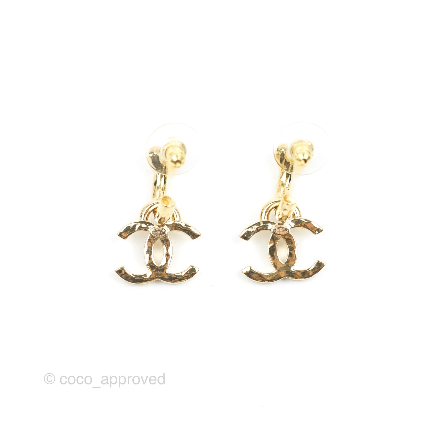 Chanel Heart Crystal CC Drop Hoop Earrings Gold Tone 23P