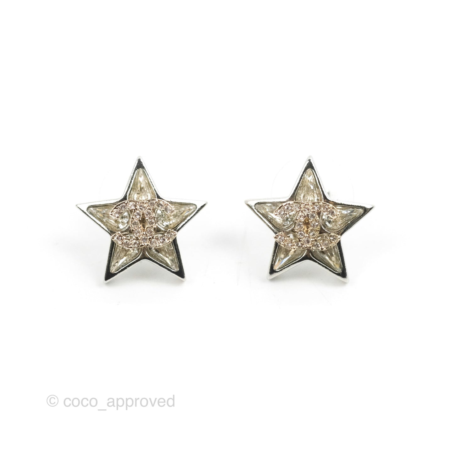 Chanel Star Crystal CC Earrings Silver Tone 23S
