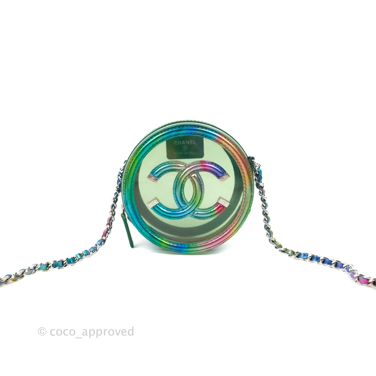 Chanel Filigree Rainbow Green PVC Round Clutch With Chain Silver Hardware 20C