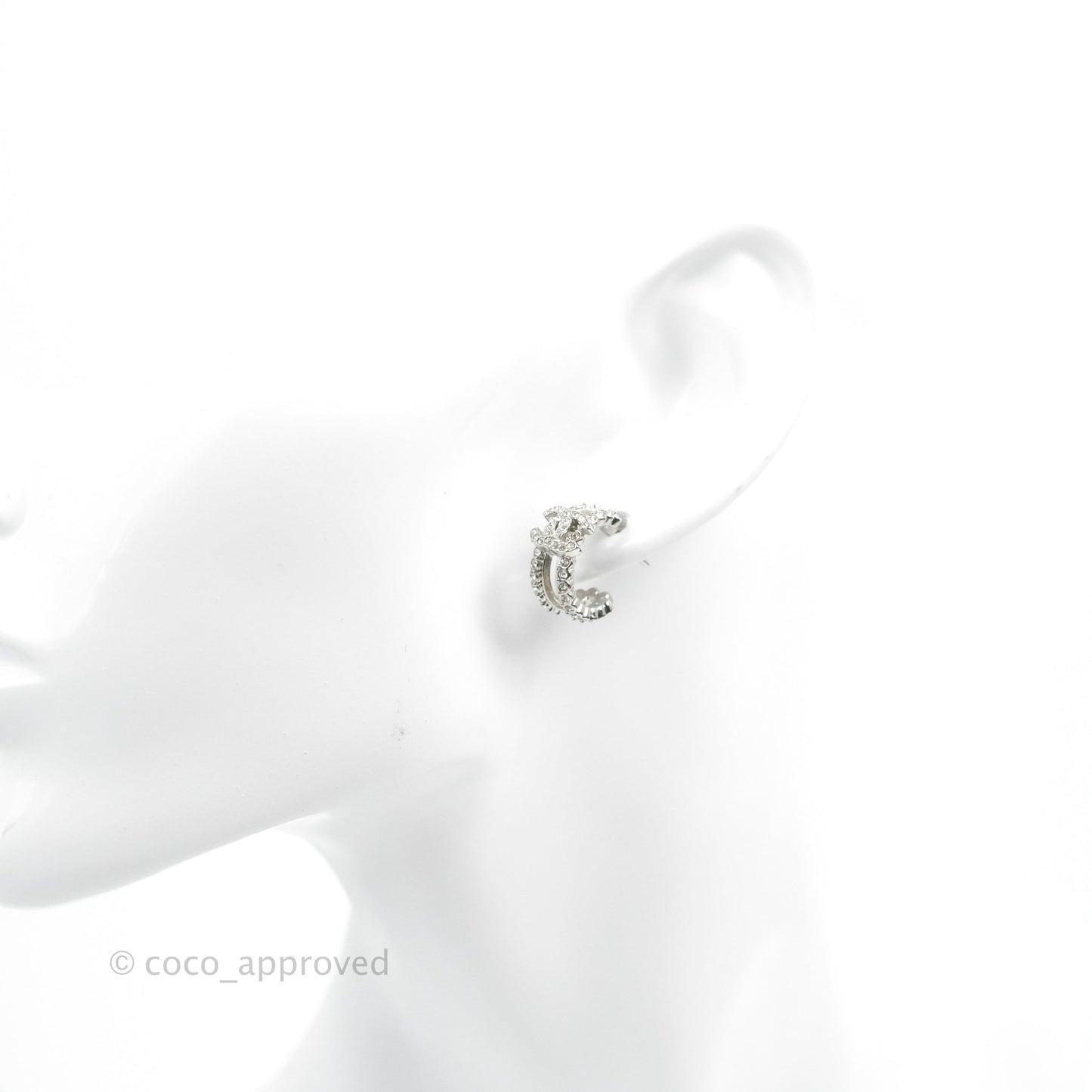 Chanel CC Crystal Hoop Earrings Silver Tone 22B