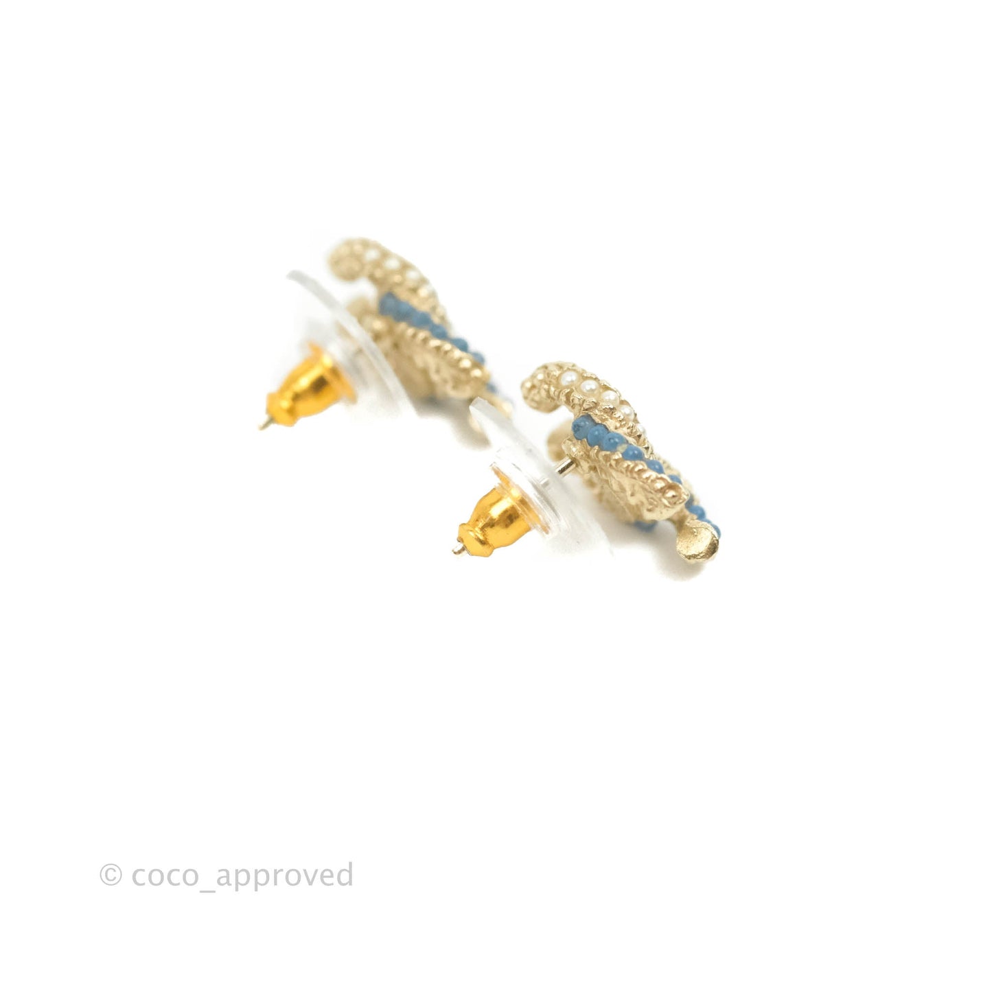 Chanel CC Pearl Blue Resin Earrings Gold Tone 18P
