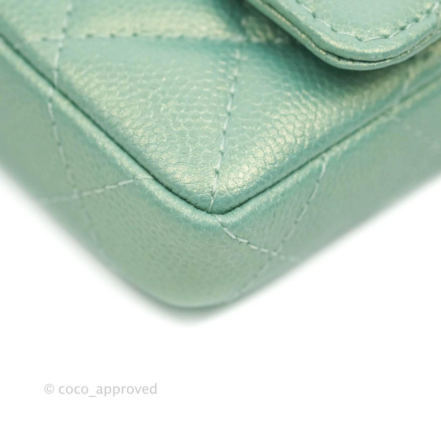 Chanel Quilted Card Holder With Chain Iridescent Mint Caviar Gold Hardware