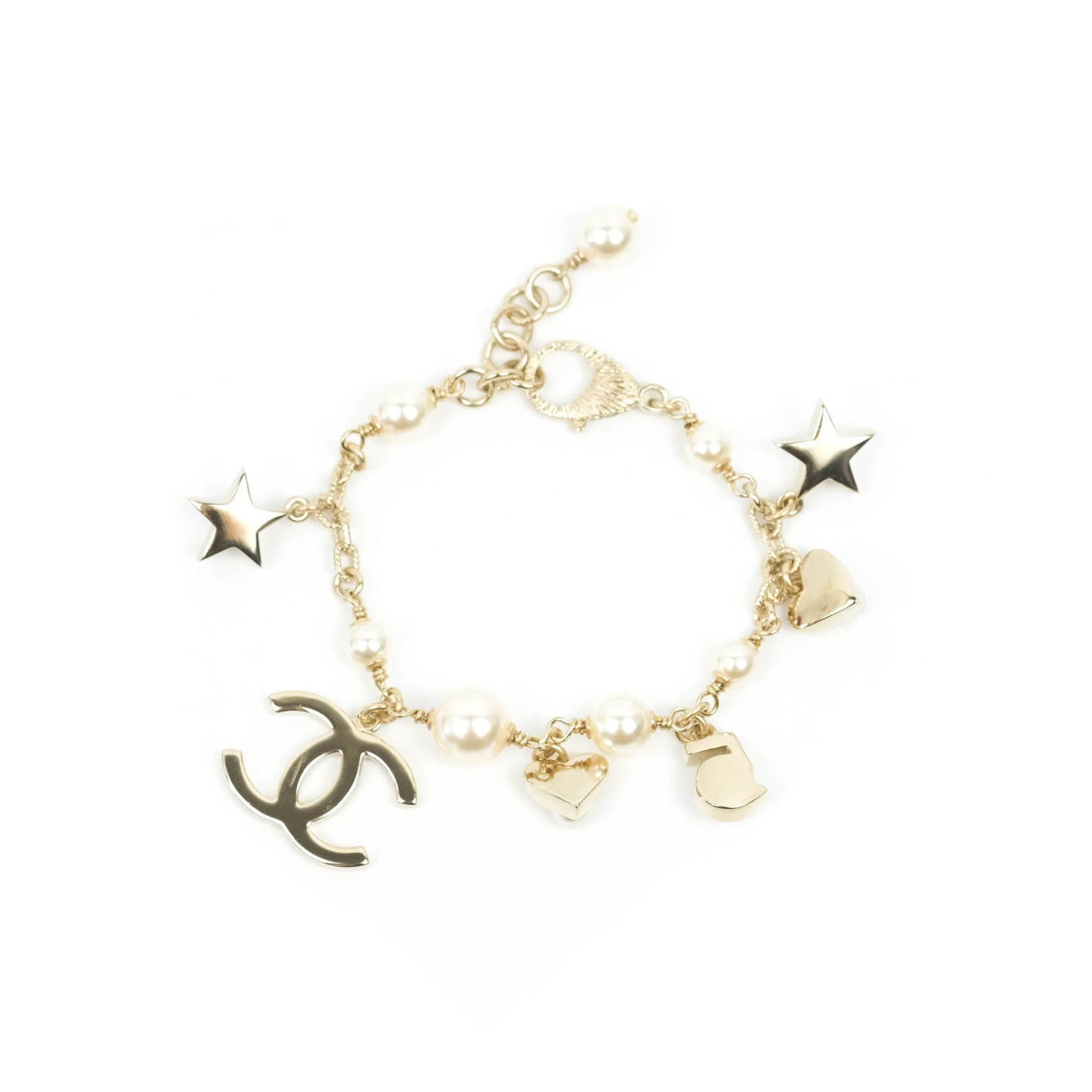 Chanel CC Crystal Pearl Charm Bracelet Gold Tone 20V