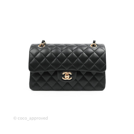 Chanel Classic Small S/M Flap Black Lambskin Rose Pink-Gold Hardware