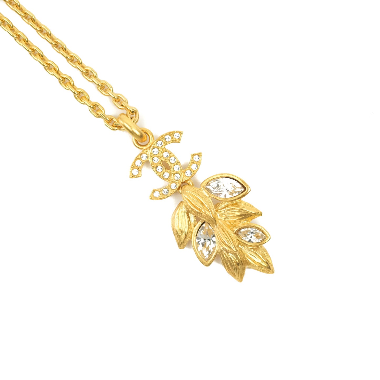 Chanel CC Crystal Pendent Drop Necklace Gold Tone 20A