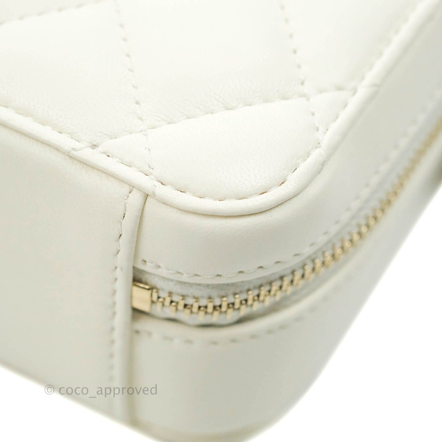 Chanel Mini Pearl Crush Quilted Camera Case White Lambskin Aged Gold Hardware