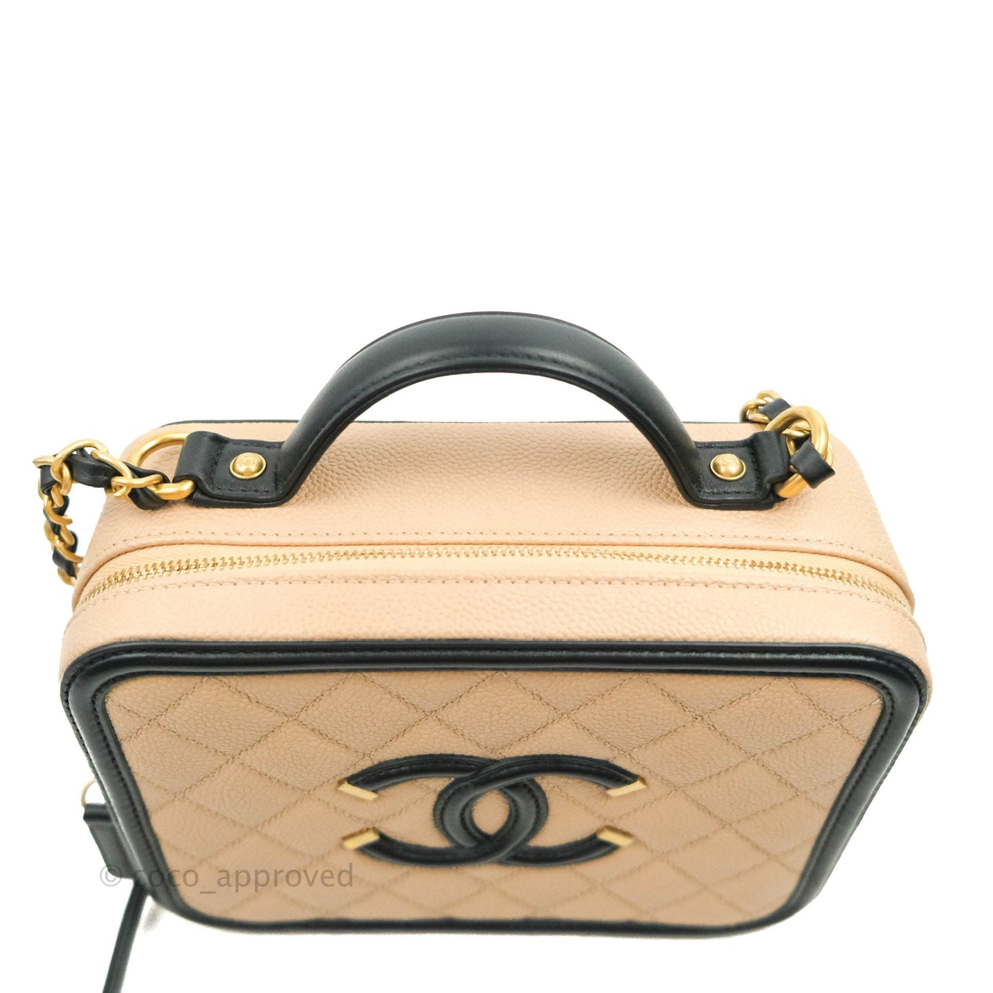 Chanel Quilted Medium CC Filigree Vanity Case Beige Caviar Gold Hardware
