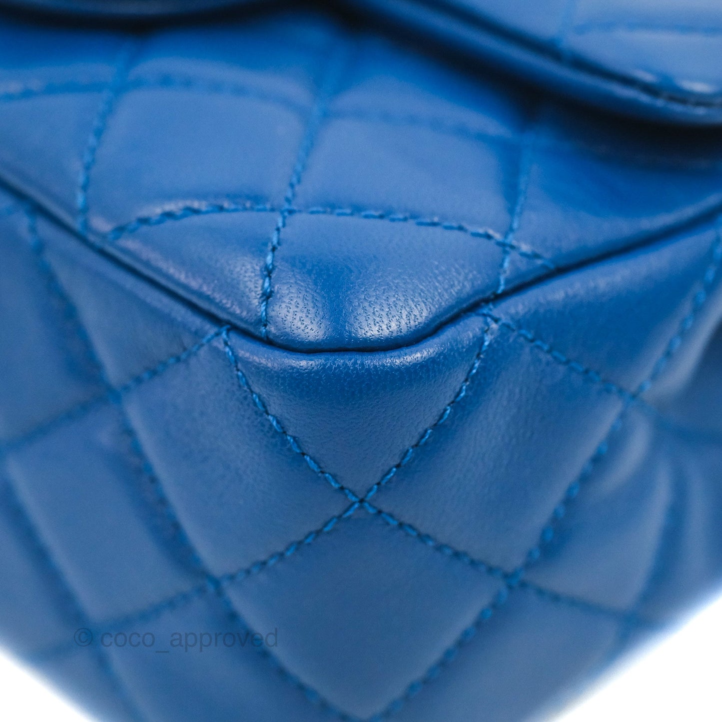Chanel Mini Square Pearl Crush Quilted Blue Lambskin Aged Gold Hardware