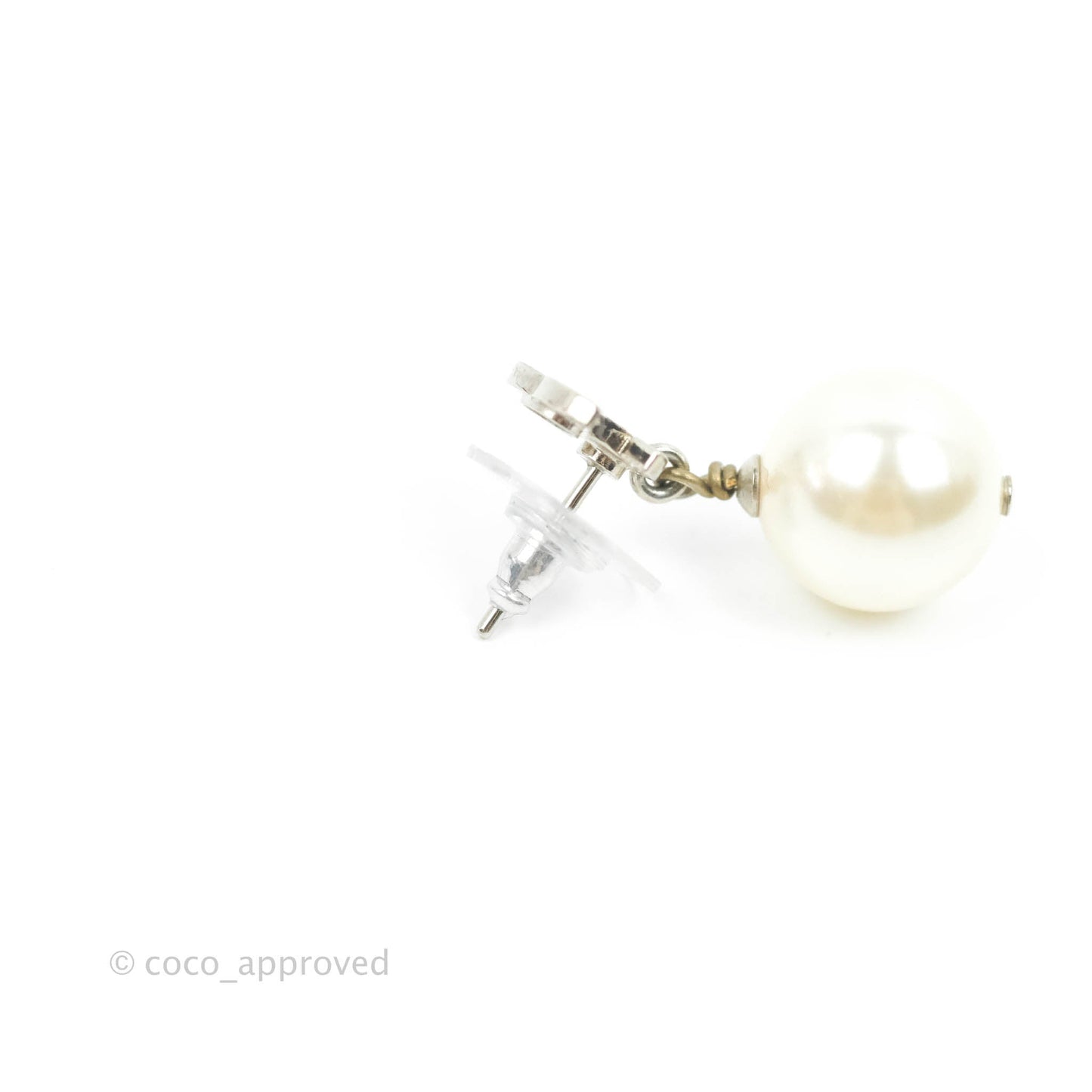 Chanel CC Rhinestone Pearl Drop Earrings Silver Tone