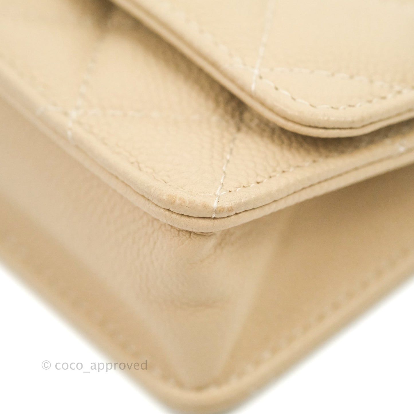 Chanel Quilted Card Holder with CC Chain Beige Caviar Gold Hardware
