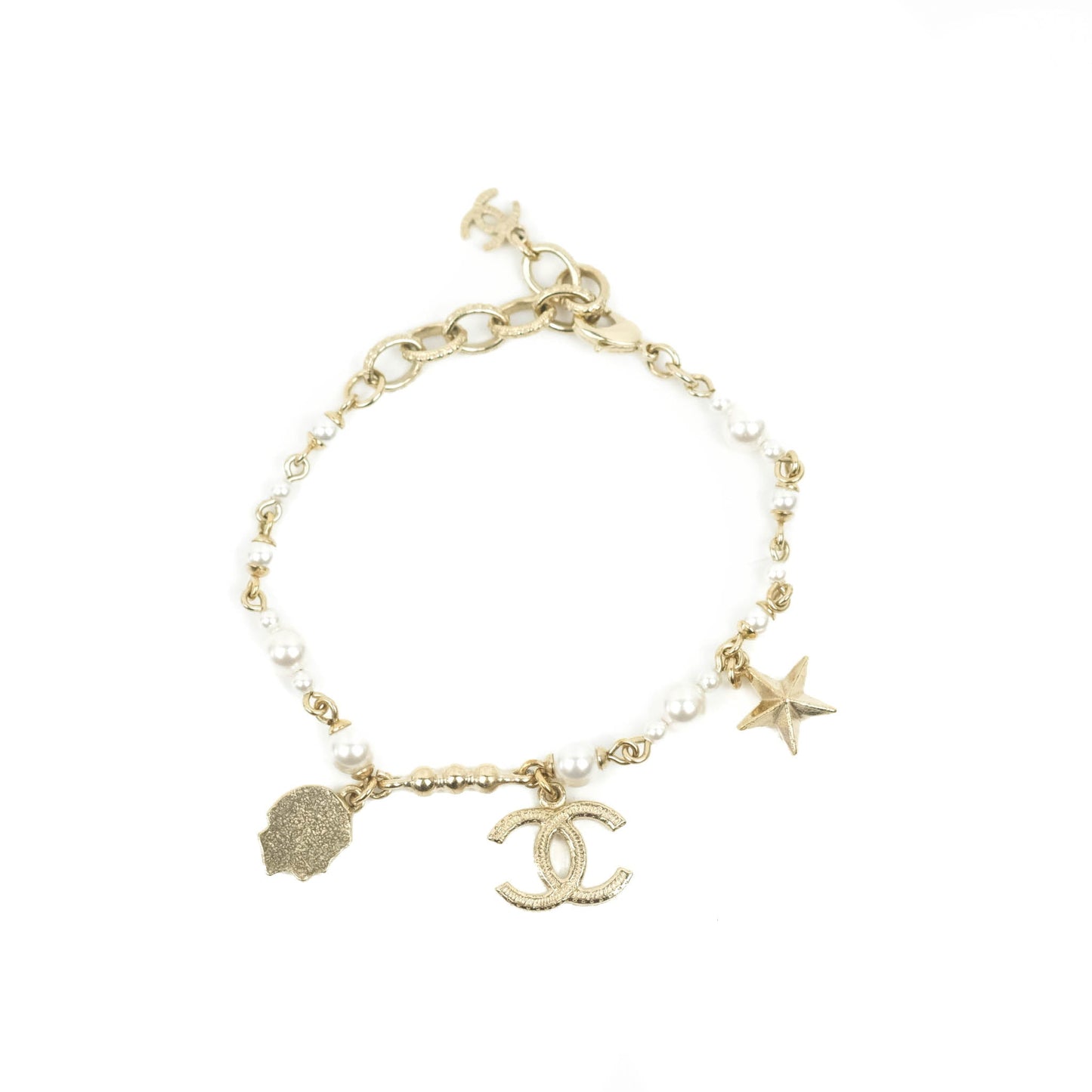 Chanel CC Crystal Pearl Charm Bracelet Gold Tone 20C