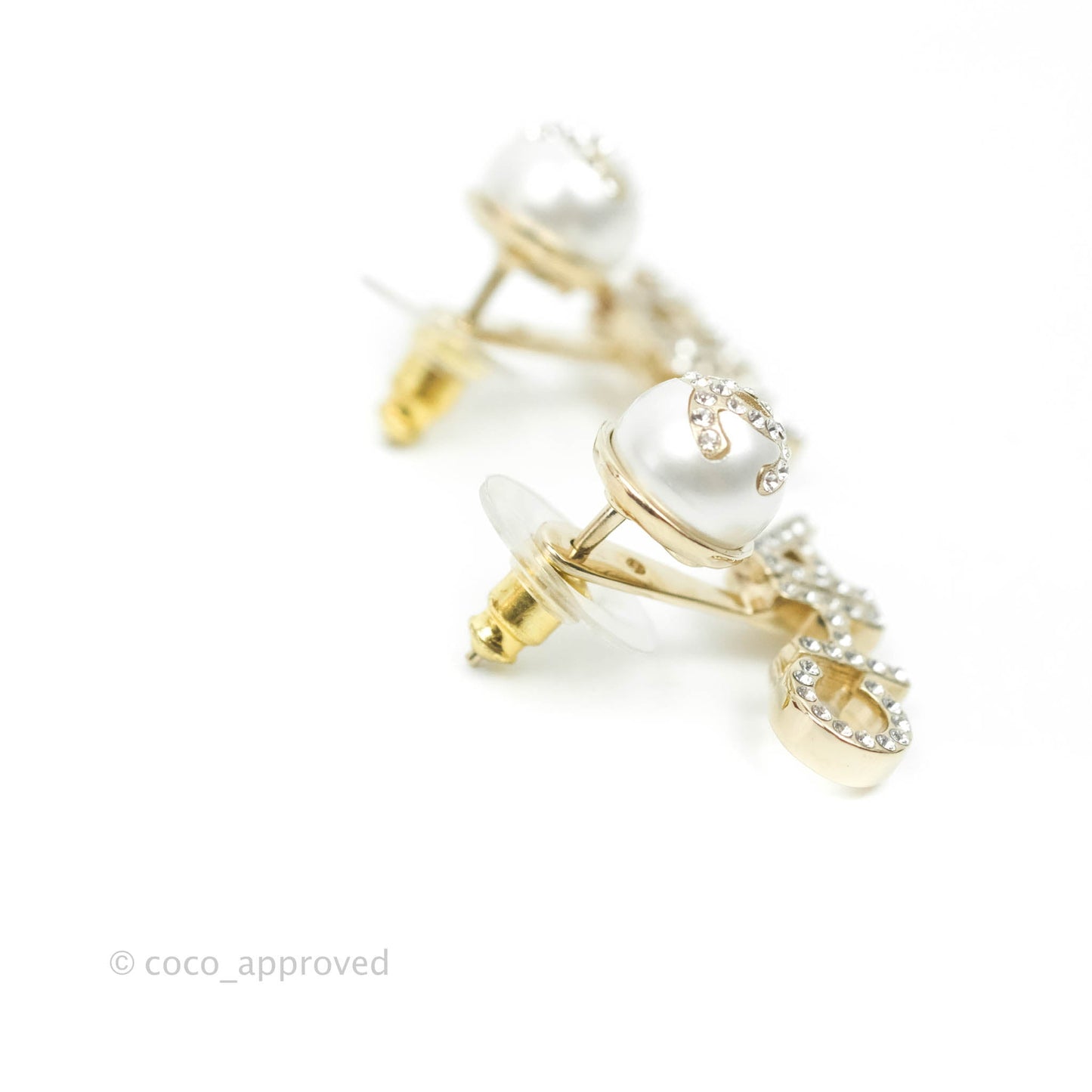 Chanel CC Pearl Rhinestone Earrings Gold Tone 21A