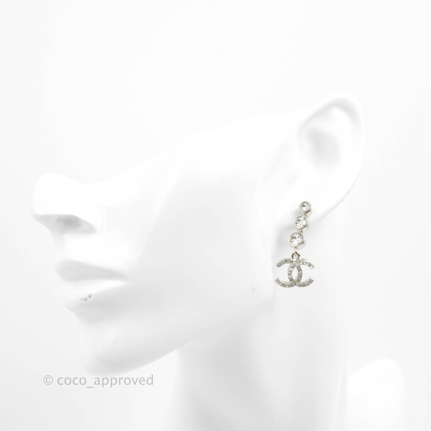 Chanel Crystal CC Drop Earrings Silver Tone 21B