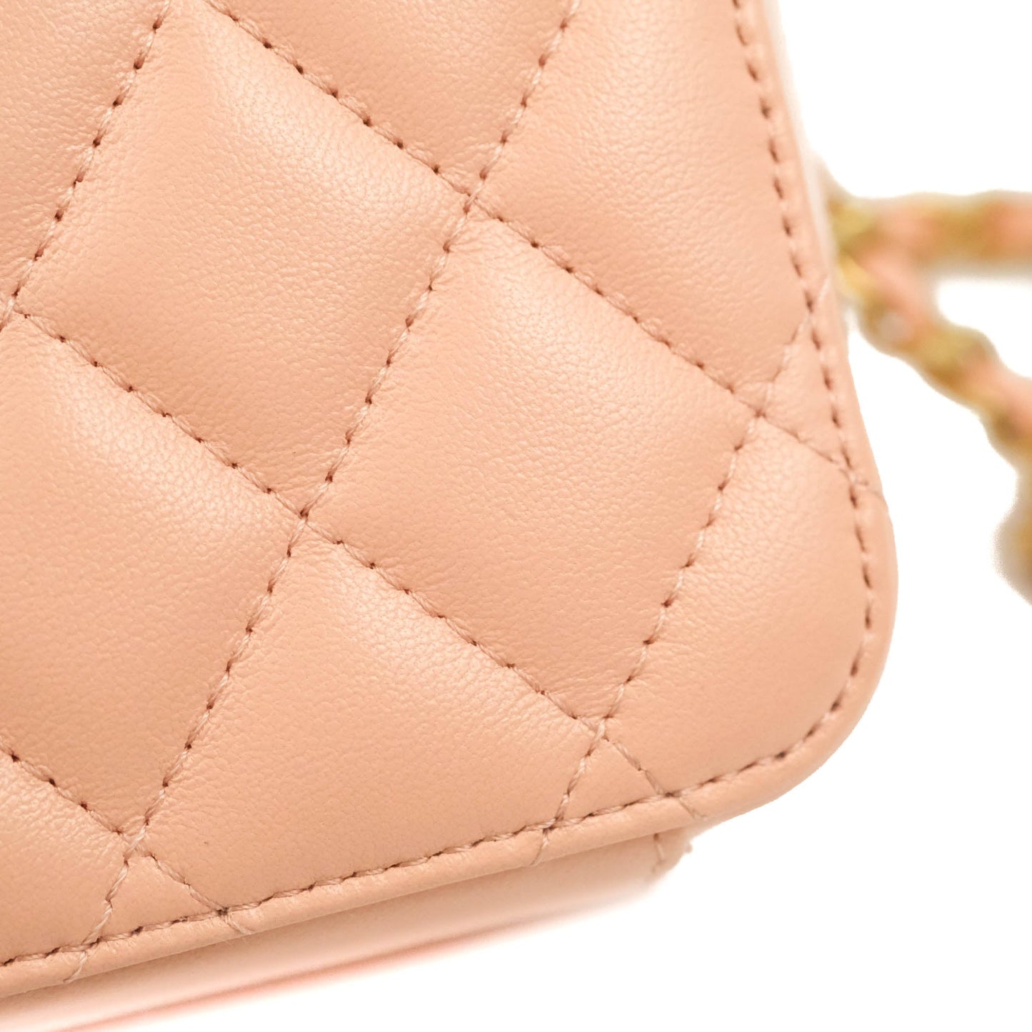Chanel Mini Pearl Crush Quilted Camera Case Beige Pink Lambskin Aged Gold Hardware