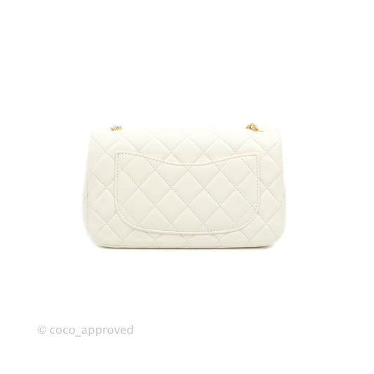 Chanel Mini Rectangular Pearl Crush Quilted White Lambskin Aged Gold Hardware