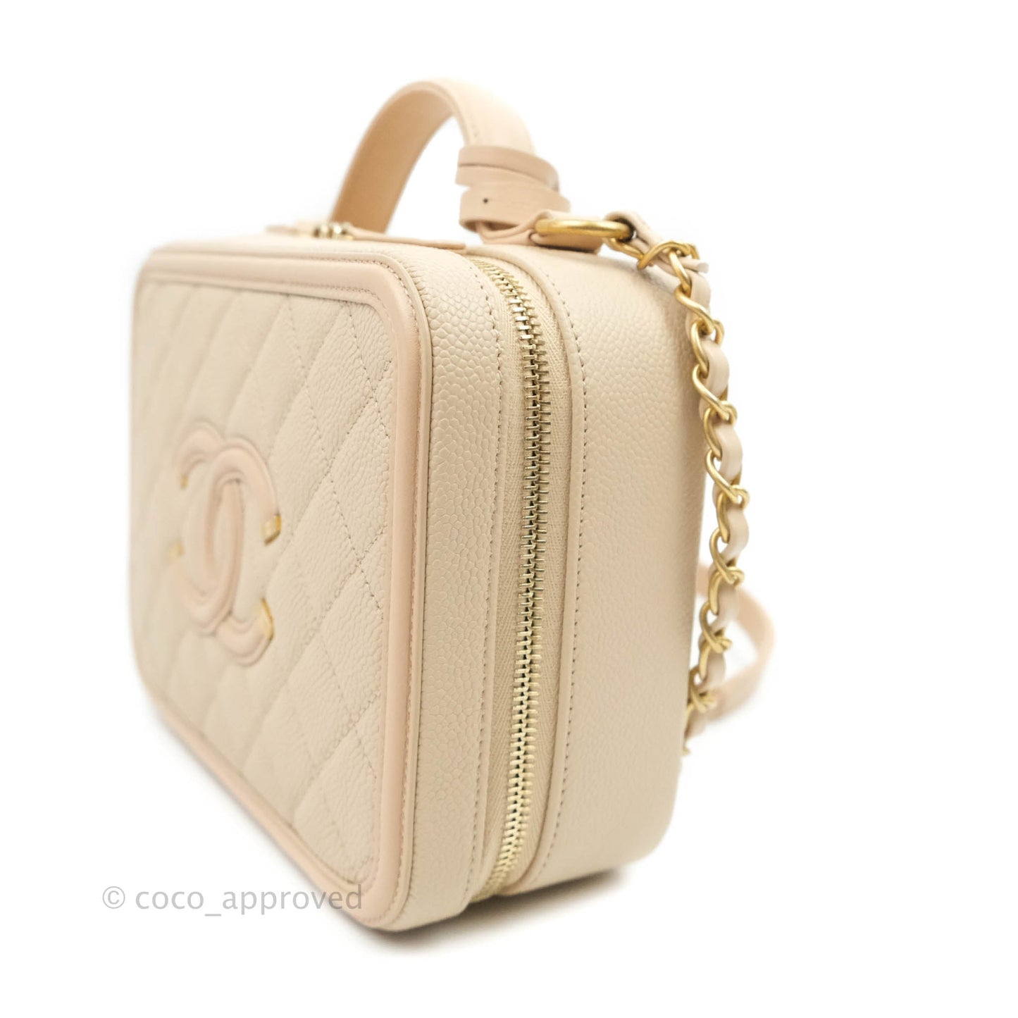 Chanel Quilted Medium CC Filigree Vanity Case Light Beige Caviar Aged Gold Hardware