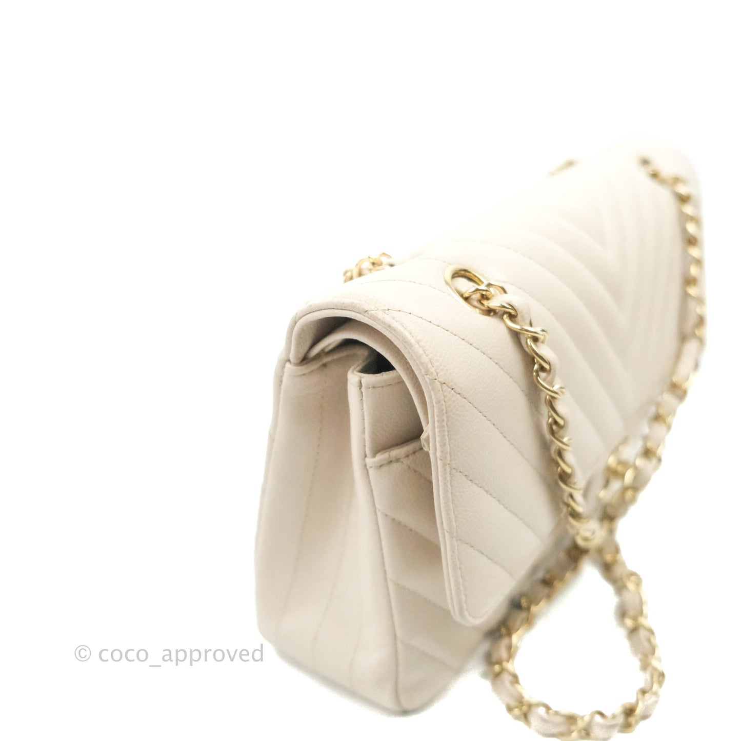 Chanel Classic M/L Medium Double Flap Chevron Ivory Caviar Gold Hardware