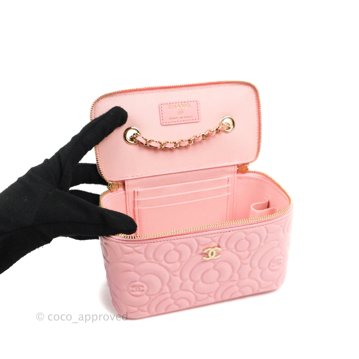 Chanel Vanity with Chain Camellia Embossed Pink Calfskin Gold Hardware