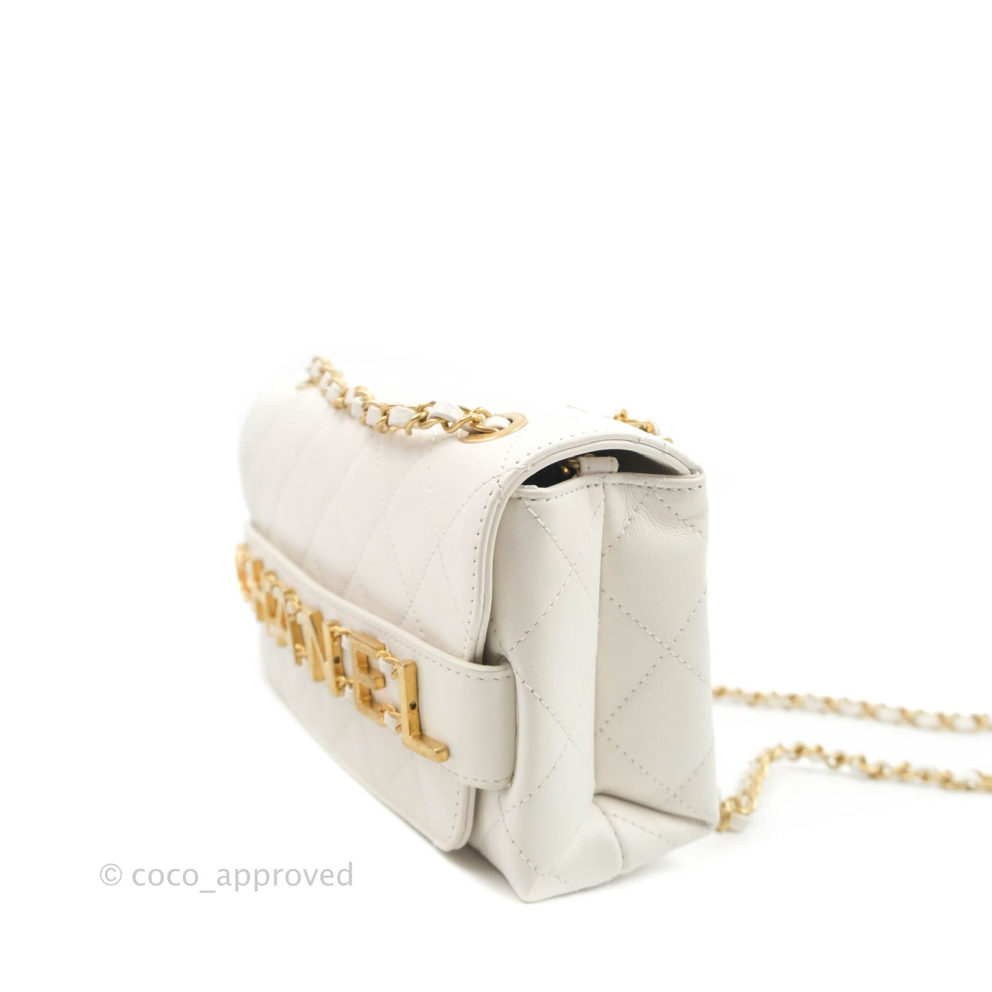 Chanel Small Logo Enchained Flap Bag White Calfskin Aged Gold Hardware 20S